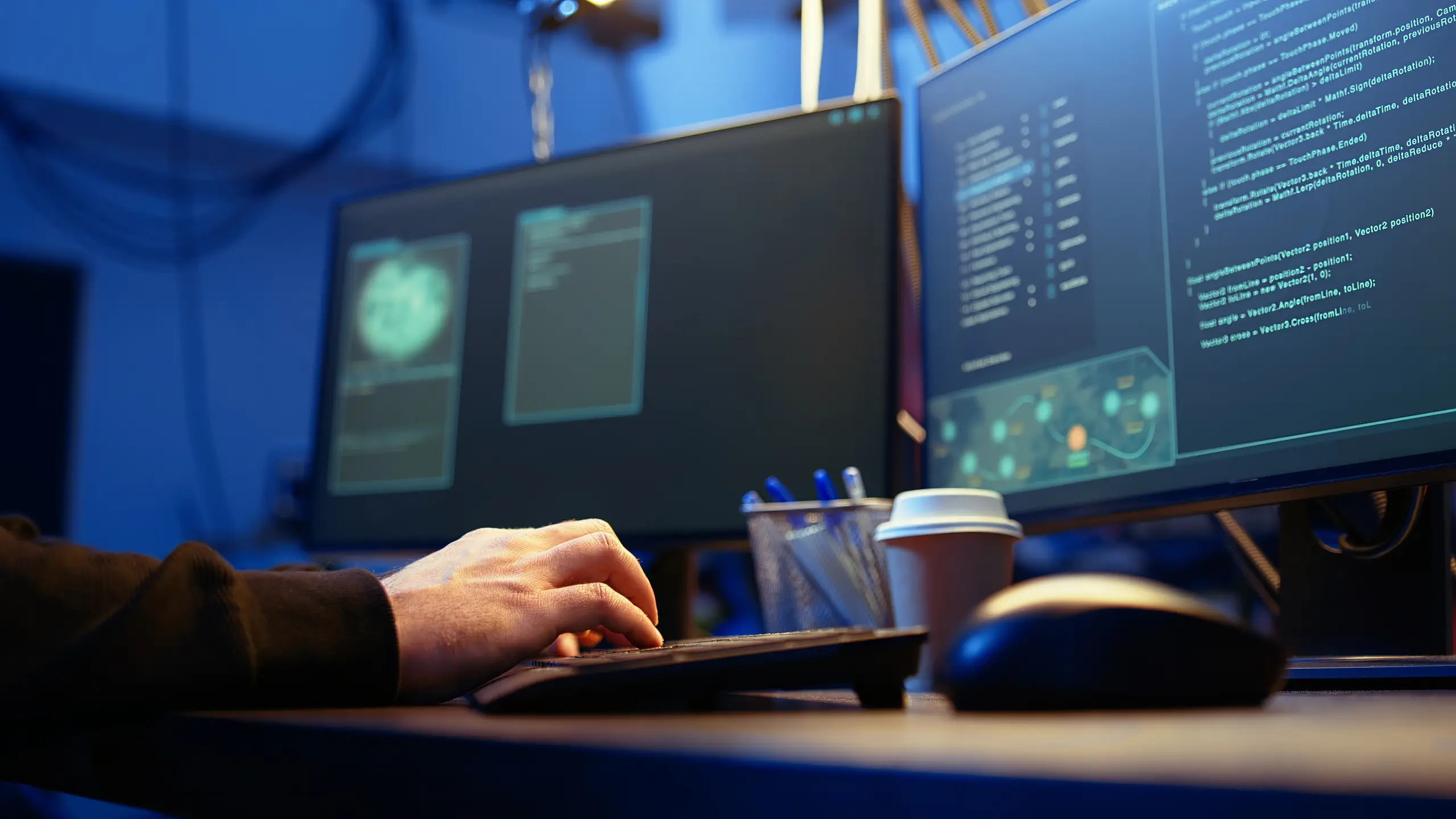 Close-up low angle of developer with dual monitors showing code