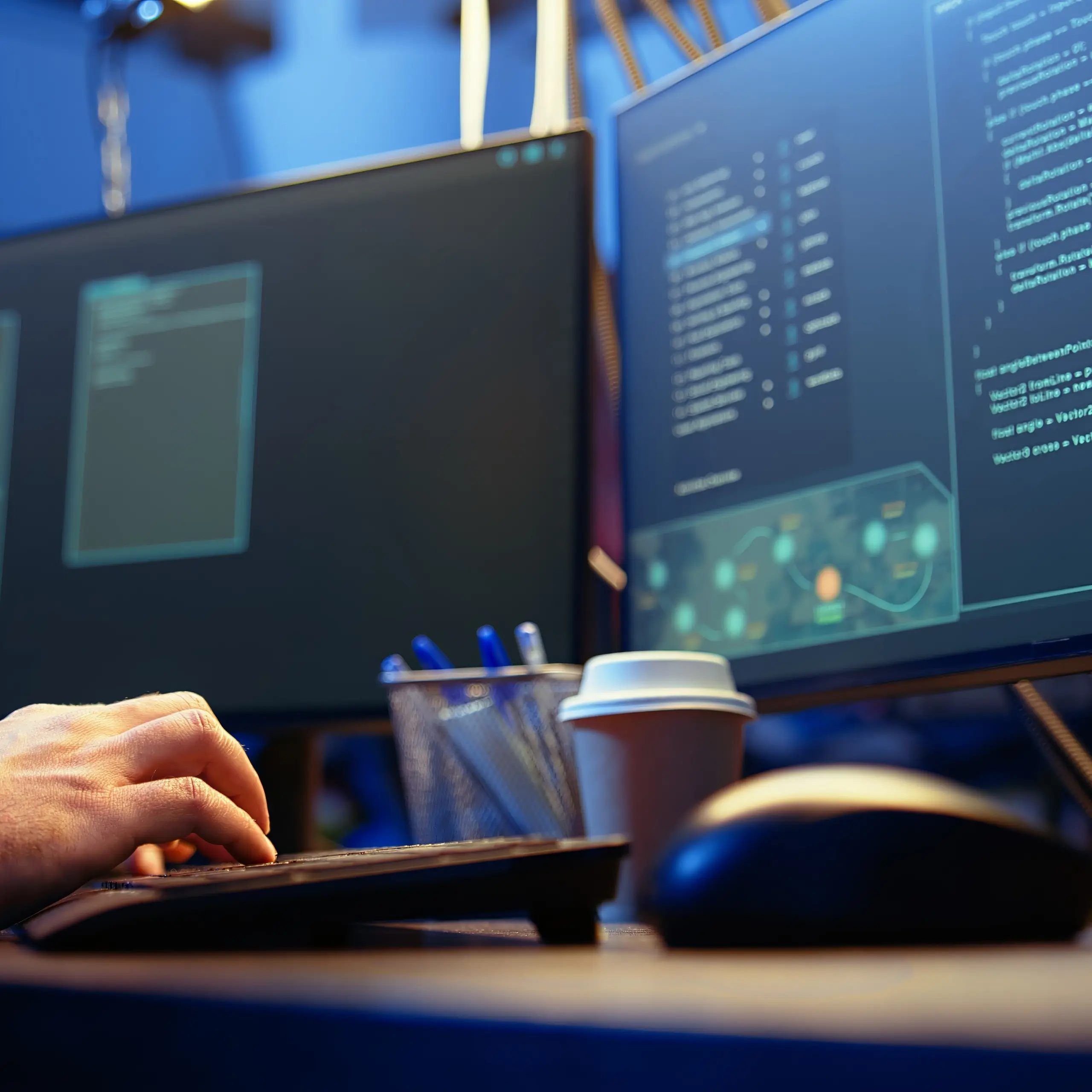 Close-up low angle of developer with dual monitors showing code