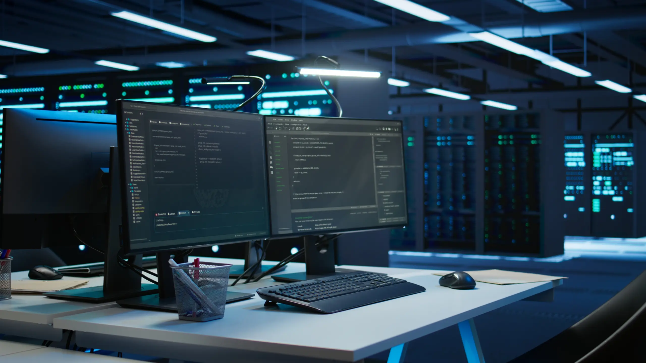 Dual monitors showing code, angled right view in a data center