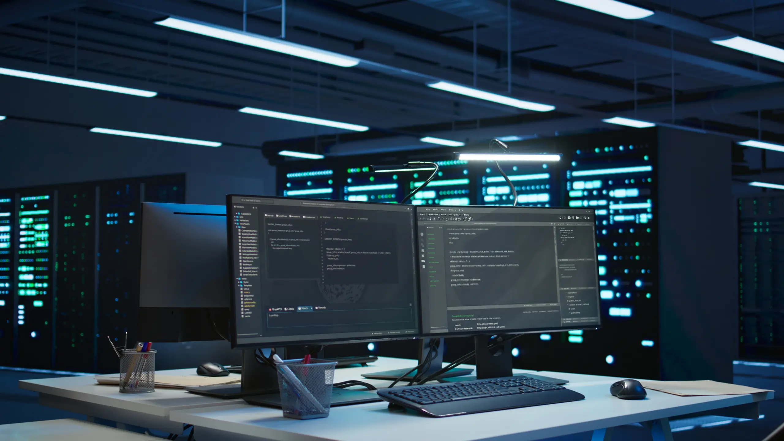 Dual monitors showing code in a data center