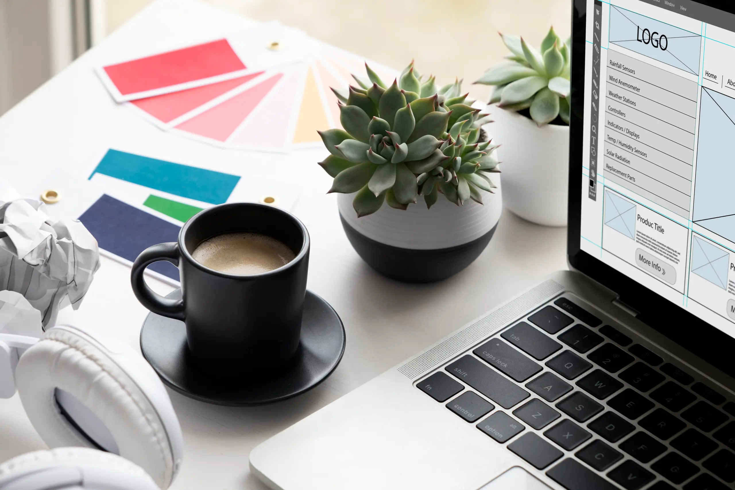 Laptop with coffee, headphones, plant and color palette