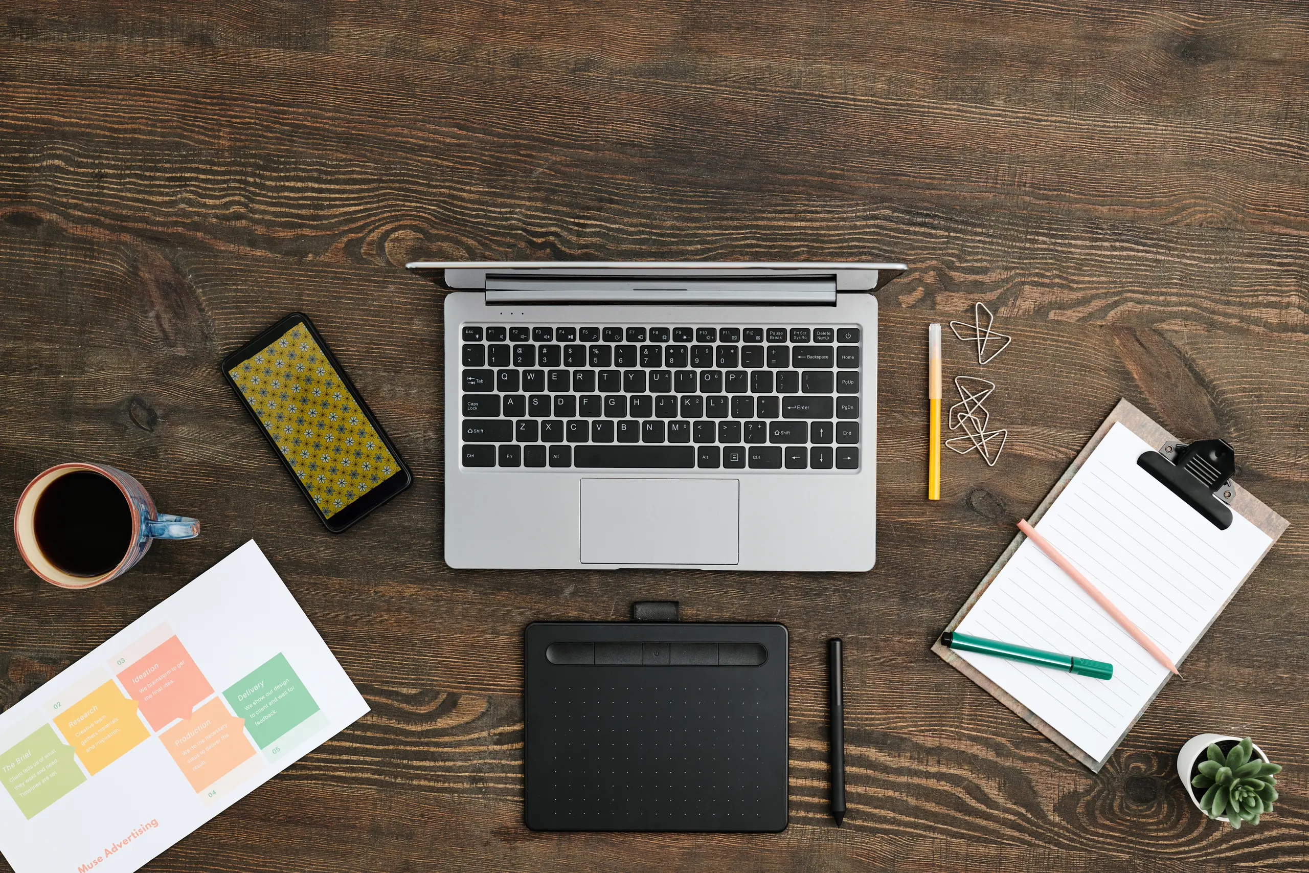 Overview of a creative designer's workplace with graphics