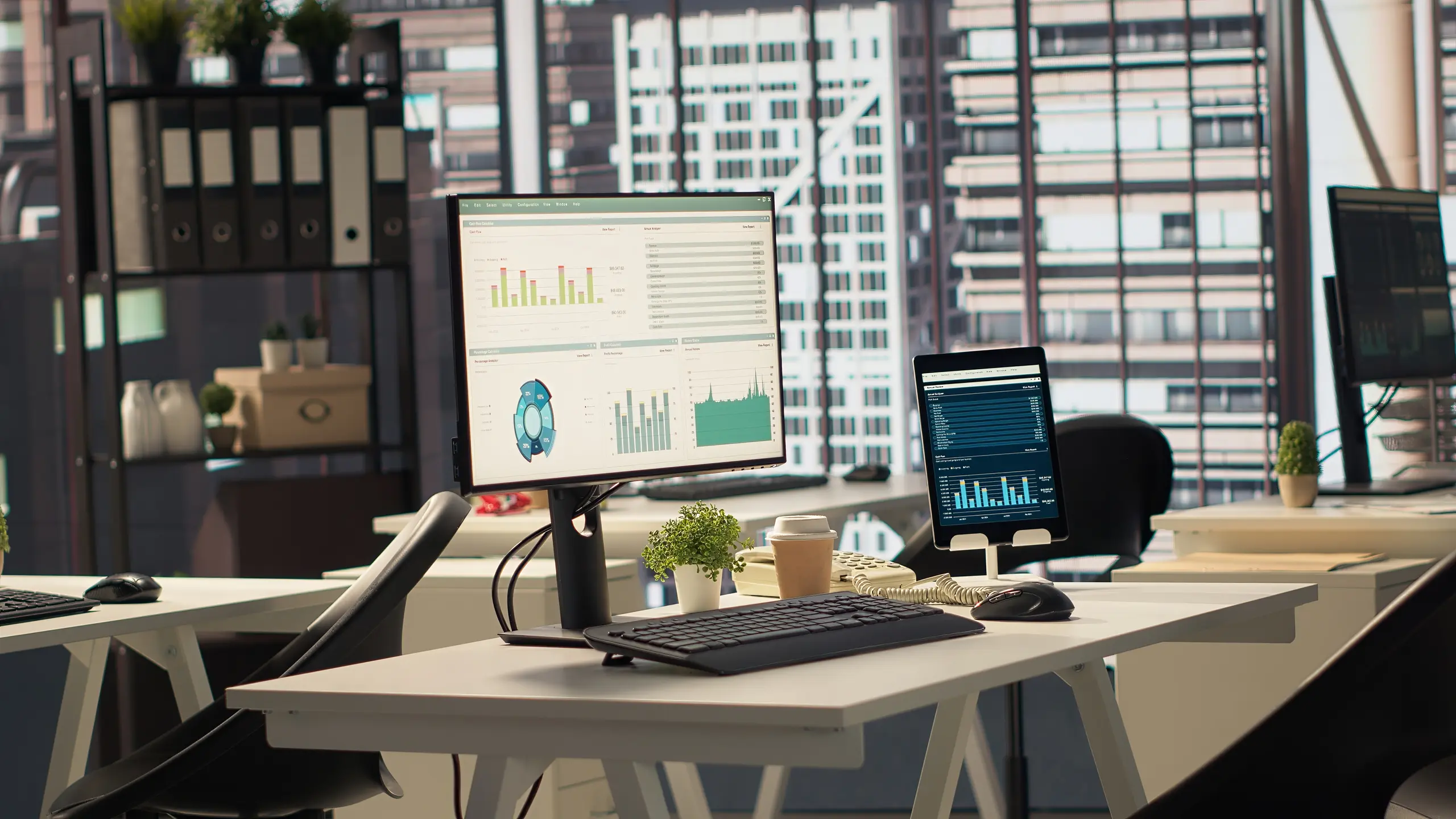 Skyscraper office with a data dashboard on a monitor