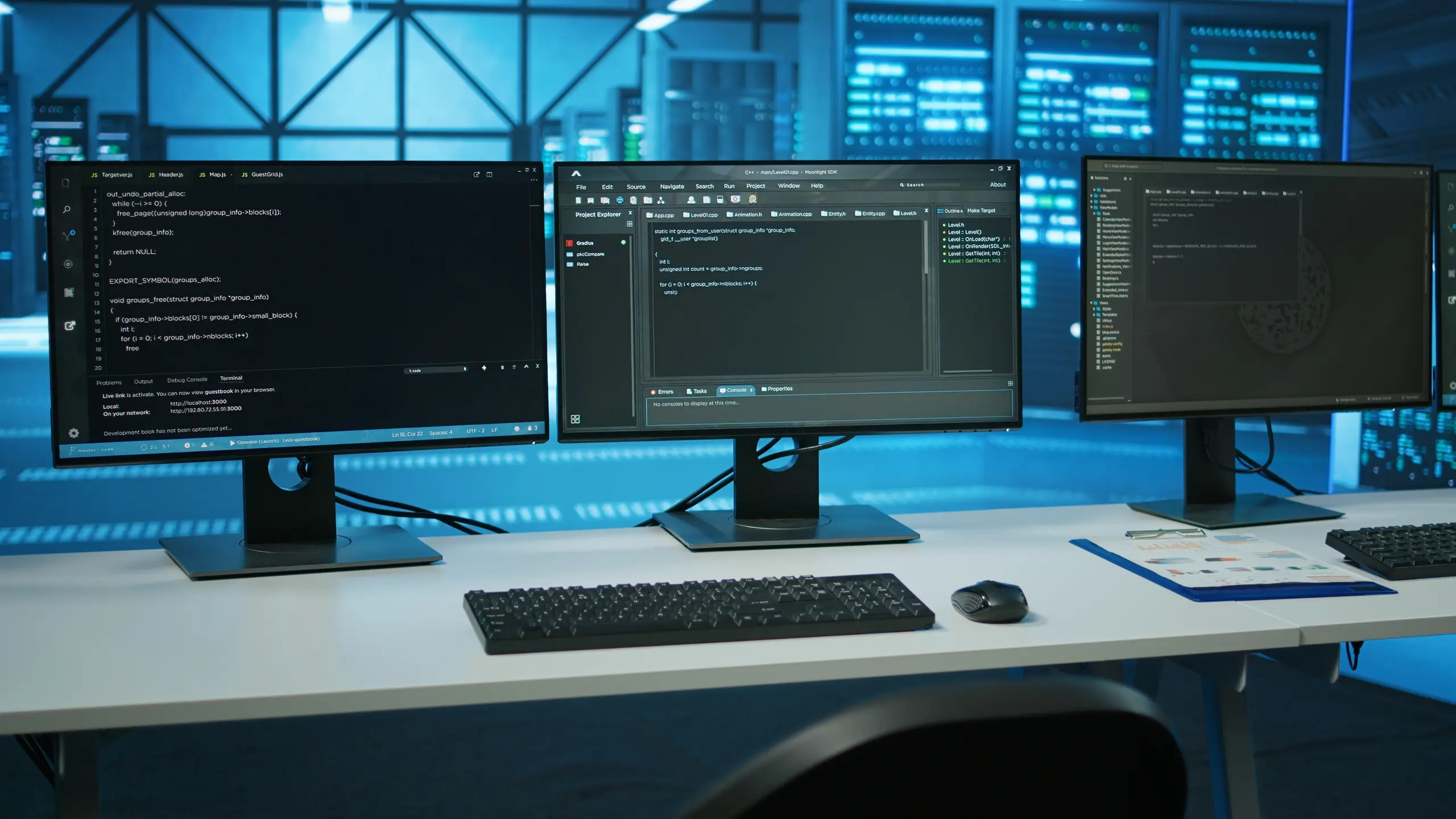 Three monitors showing code, front view in a data center